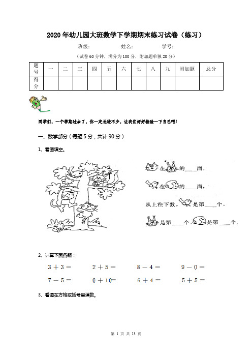 2020年幼儿园大班数学下学期期末练习试卷(练习)