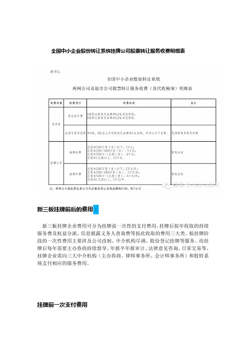 全国中小企业股份转让系统挂牌公司股票转让服务收费明细表