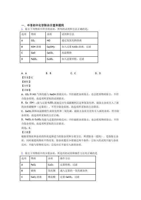 2020-2021备战中考化学一模试题分类汇编——分离和提纯除杂综合附详细答案