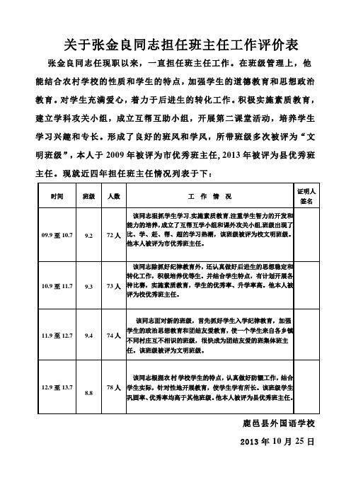 关于张金良同志担任班主任工作评价表