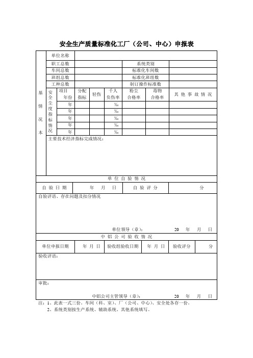 (新)安全标准化工厂验收申报表