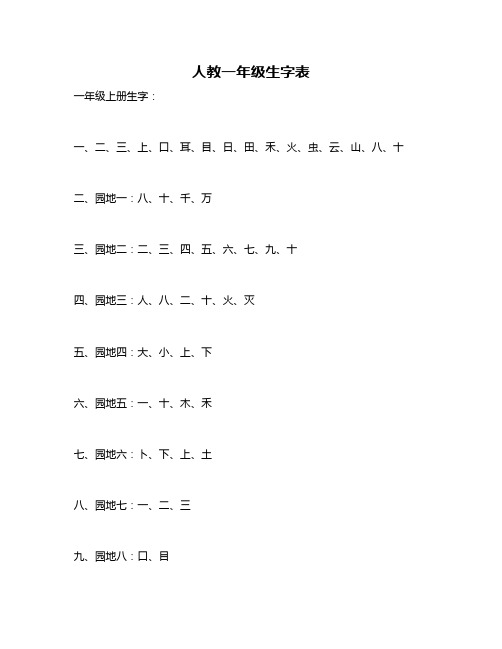 人教一年级生字表