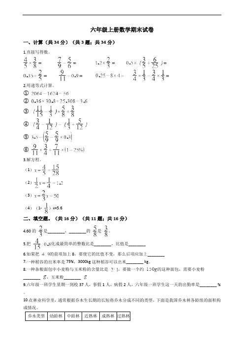 湖北省江岸区六年级上册数学期末试卷附答案