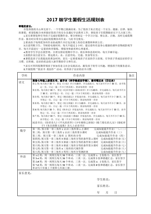 2017级学生暑假生活规划表