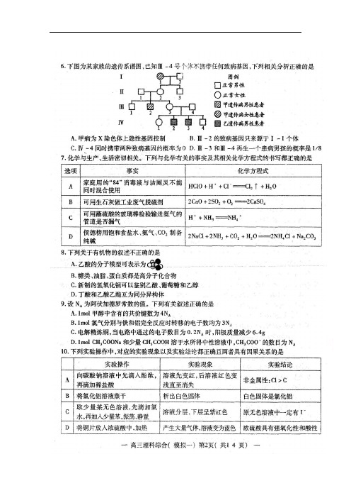 江西省南昌市高三第一次模拟考试理科综合试题