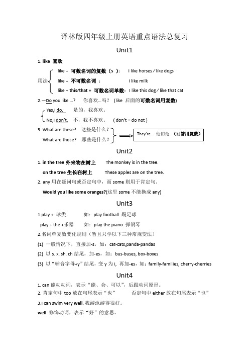 译林版四年级上册英语重点语法总复习