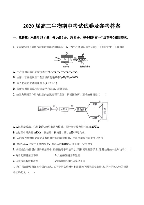 2020届高三生物期中考试试卷及参考答案