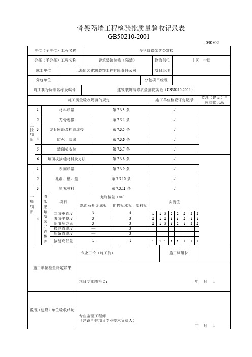 骨架隔墙工程检验批质量验收记录