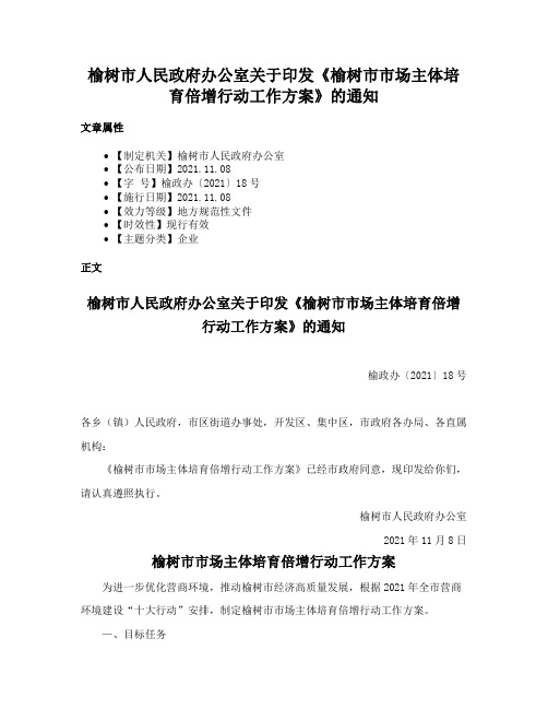 榆树市人民政府办公室关于印发《榆树市市场主体培育倍增行动工作方案》的通知