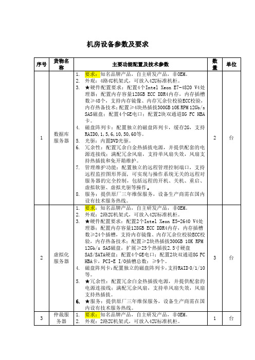 机房设备参数及要求