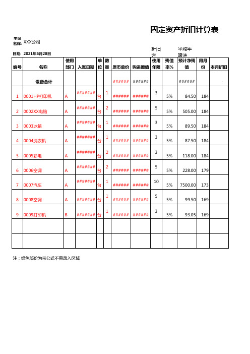 公司固定资产折旧计算表Excel模板