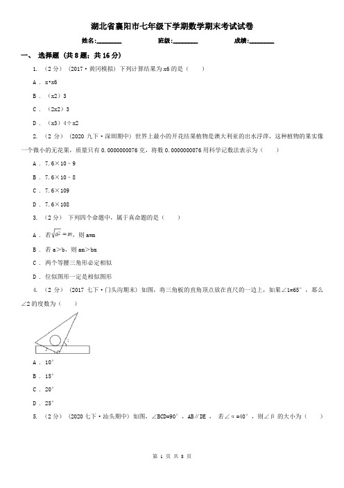 湖北省襄阳市七年级下学期数学期末考试试卷