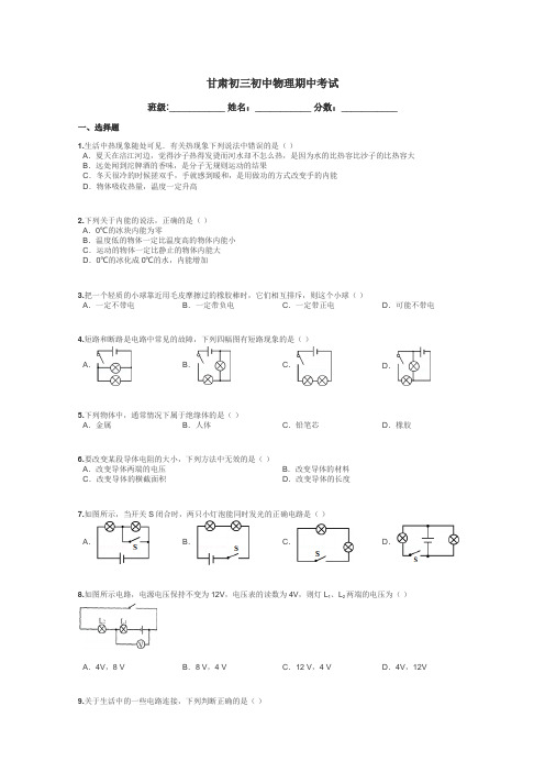 甘肃初三初中物理期中考试带答案解析
