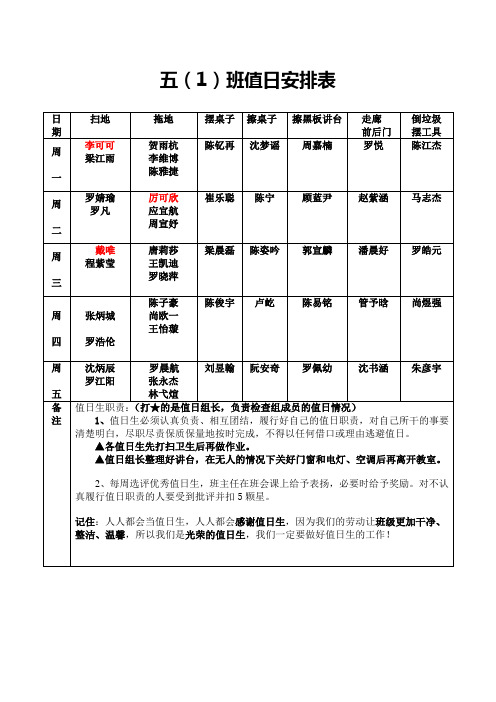 小学生值日表