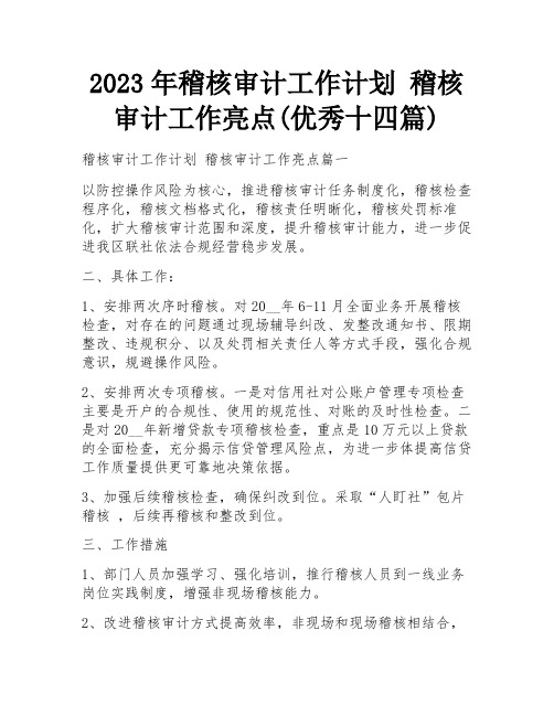 2023年稽核审计工作计划 稽核审计工作亮点(优秀十四篇)