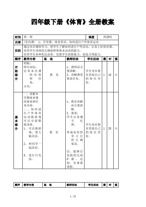 四年级下册《体育》全册教案