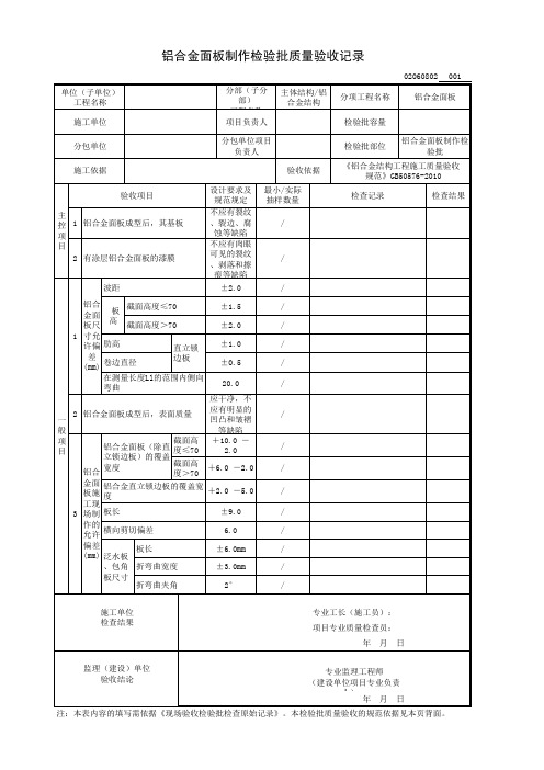 铝合金面板制作检验批质量验收记录