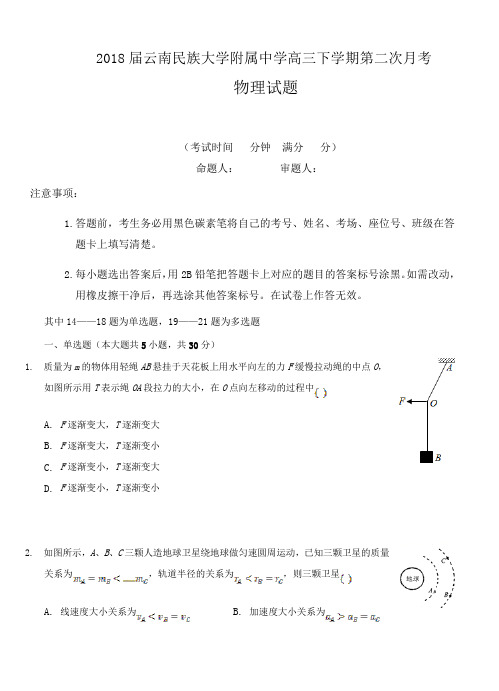 云南民族大学附属中学2018届高三物理下学期第二次月考 物理