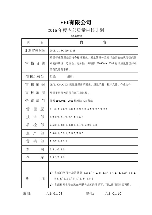 内部审核-2016年度(计划、报告、不符合项报告、不合格项分布、纠正措施表)