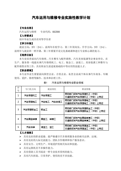 汽车运用与维修专业实施性教学计划