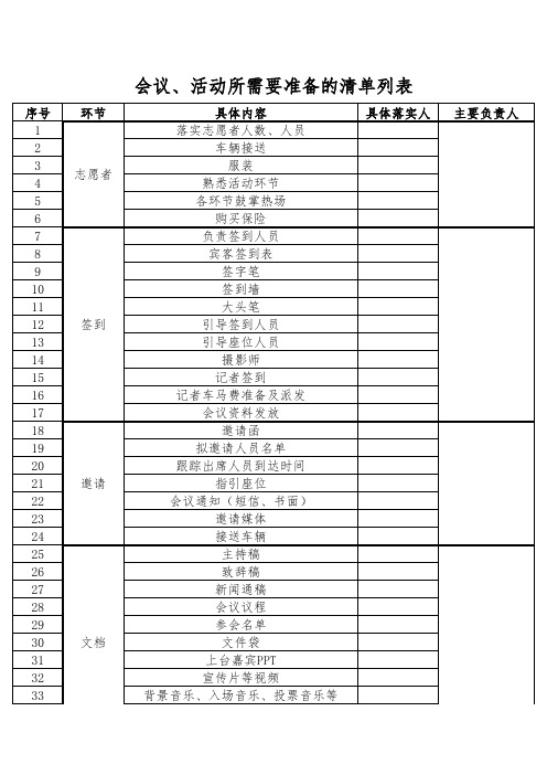 每次开会、活动所需要提前准备的材料清单