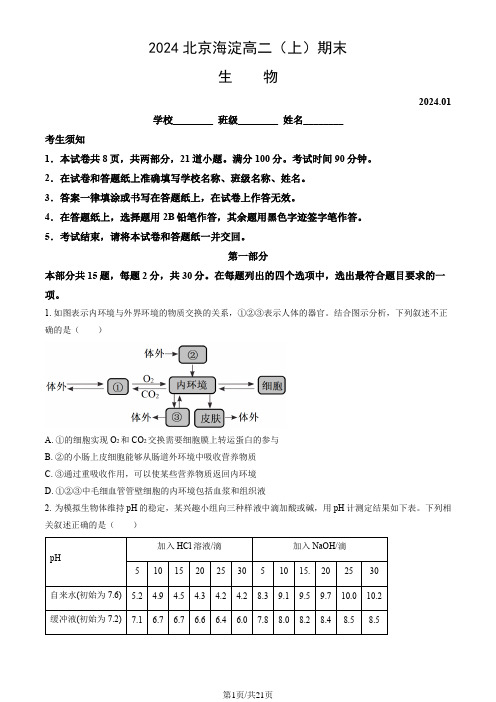 2024北京海淀高二(上)期末生物(教师版)