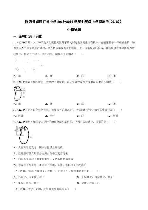 陕西省咸阳百灵中学2015-2016学年七年级上学期周考(9.27)生物试题(原卷版)