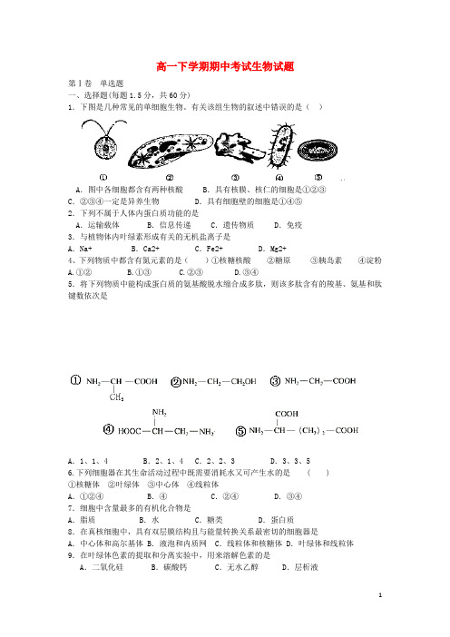 山东省济宁市微山二中高一生物下学期期中试题新人教版