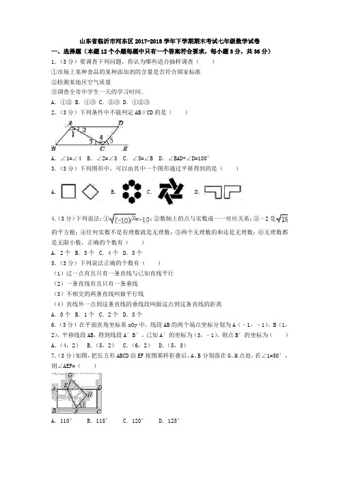 临沂市河东区2017-2018学年七年级下期末数学试卷(含答案)