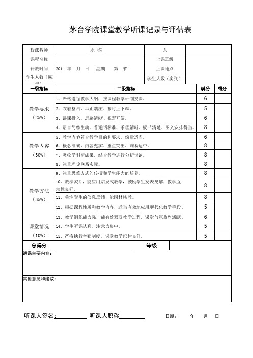 XX学院课堂教学听课记录与评估表【模板】