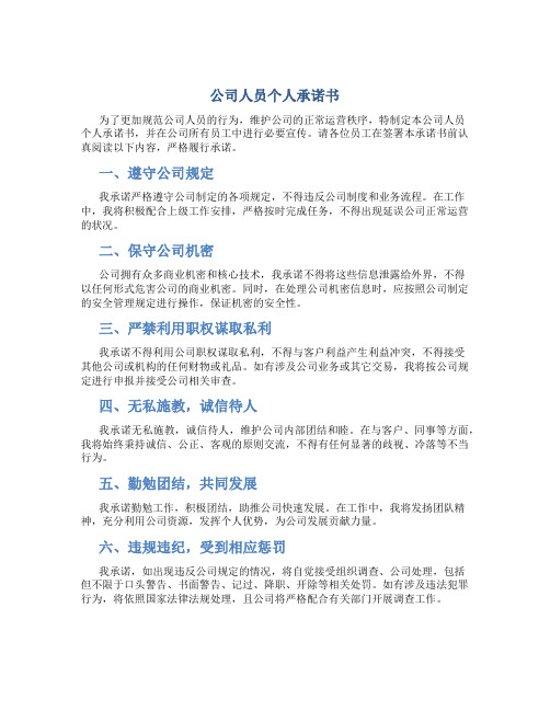 公司人员个人承诺书