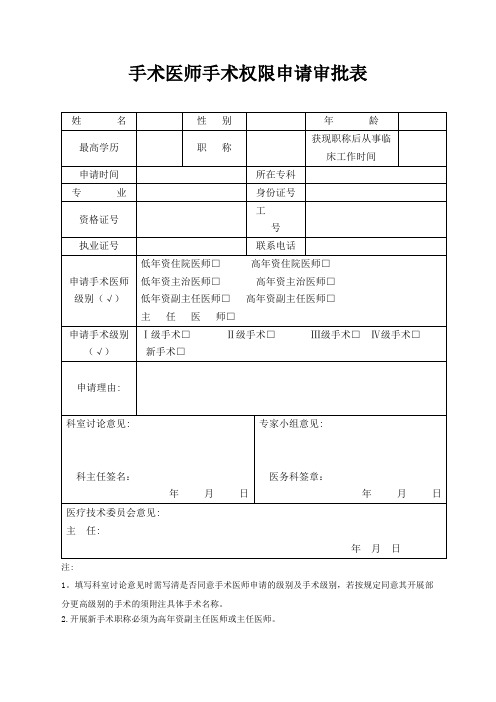 手术权限申请审批表及手术资质授权书