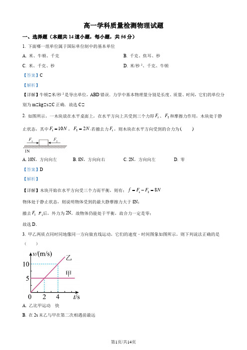 精品解析：吉林省长春市农安县2021-2022学年高一上学期期末物理试题(解析版)