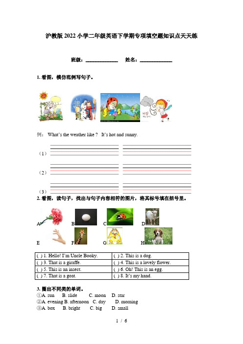 沪教版2022小学二年级英语下学期专项填空题知识点天天练