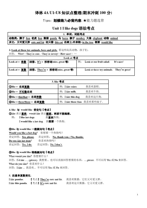 4AU1-U8考点总结