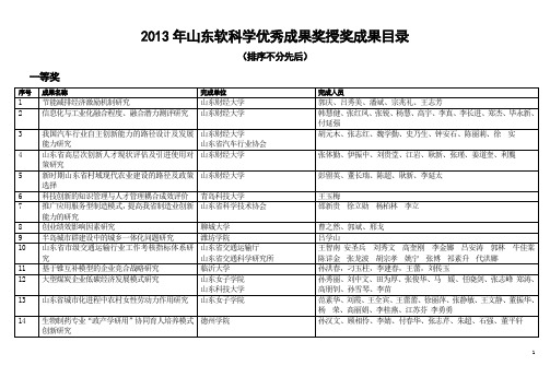 2013年山东软科学优秀成果奖授奖成果目录