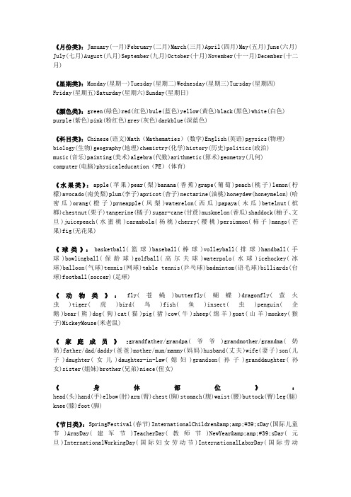 英语单词-月份节日星期家人水果球类科目汇聚