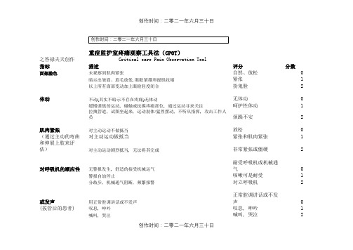 重症监护室疼痛观察工具法(CPOT)评分表