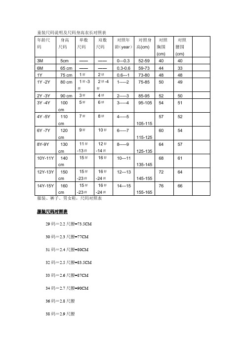 童装尺码说明及尺码身高衣长对照表