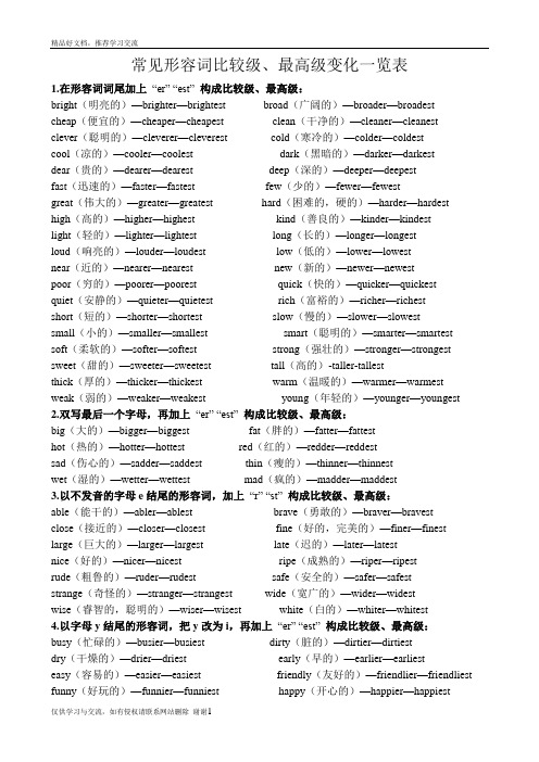 最新常见形容词比较级最高级变化一览表