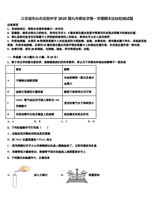 江苏省东台市实验中学2025届九年级化学第一学期期末达标检测试题含解析