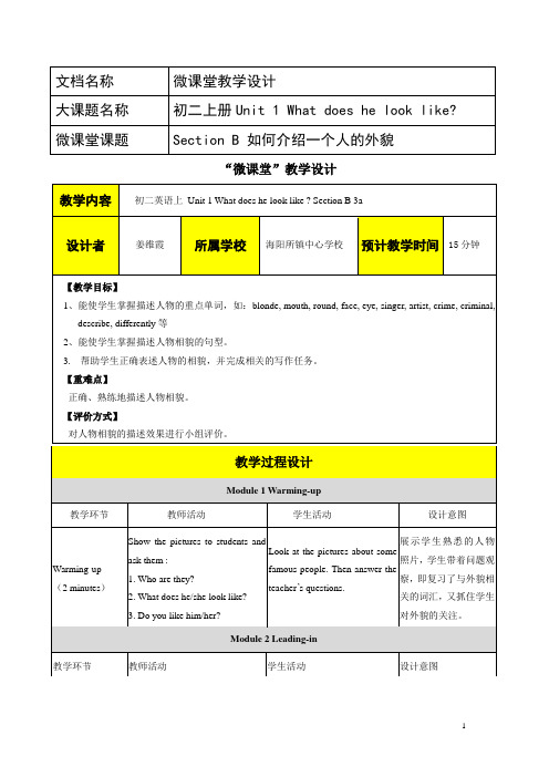 初中英语“微课堂”Unit 1 Section B 如何描述一个人的外貌 教学设计