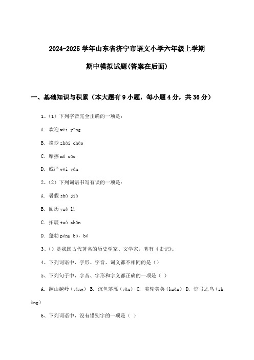 山东省济宁市语文小学六年级上学期期中试题及解答参考(2024-2025学年)