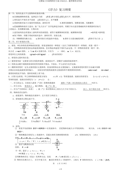 完整版八年级物理浮力复习知识点、题型整理及答案