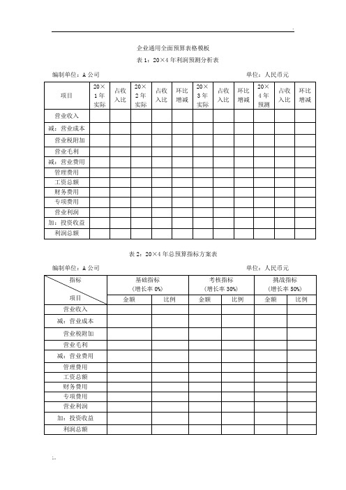 企业通用全面预算表格模板