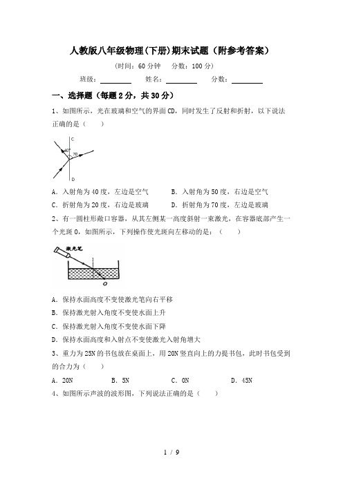 人教版八年级物理(下册)期末试题(附参考答案)