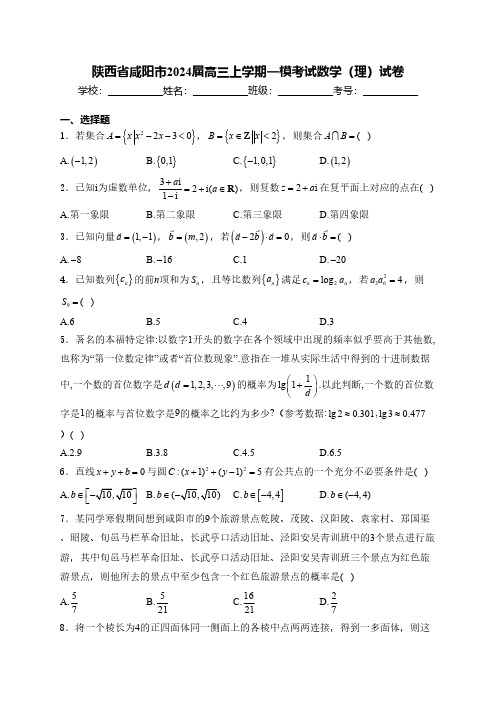 陕西省咸阳市2024届高三上学期一模考试数学(理)试卷(含解析)