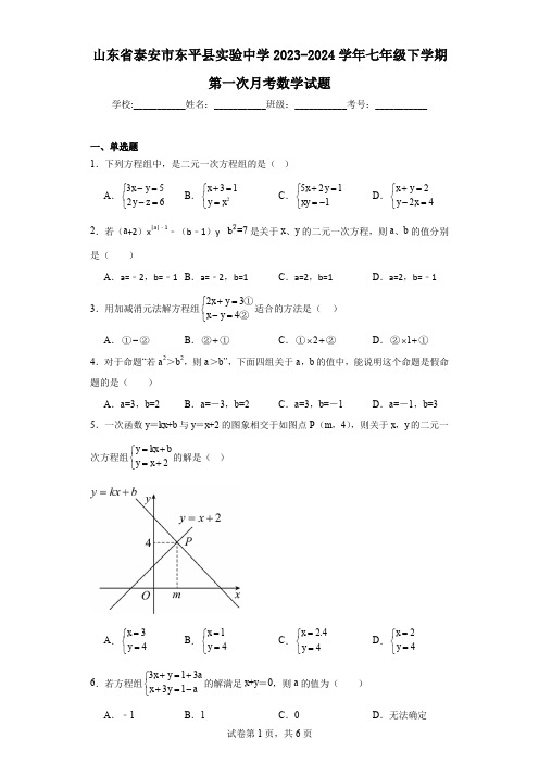 山东省泰安市东平县实验中学2023-2024学年七年级下学期第一次月考数学试题