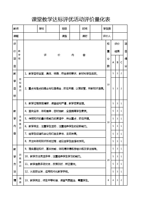 新课程课堂教学评价量化表