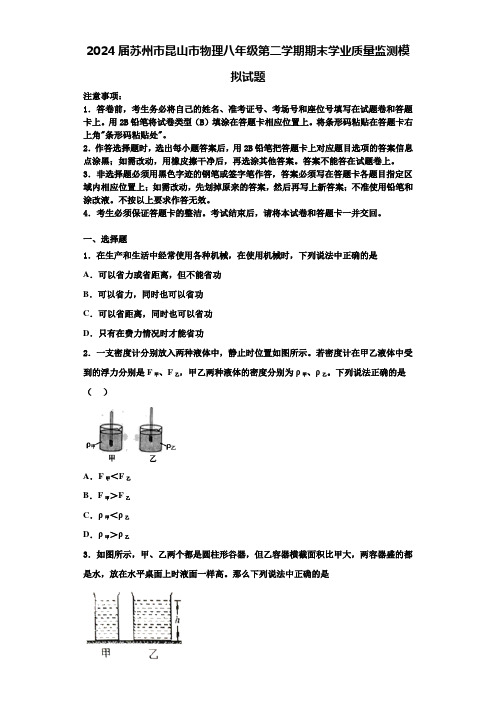 2024届苏州市昆山市物理八年级第二学期期末学业质量监测模拟试题含解析